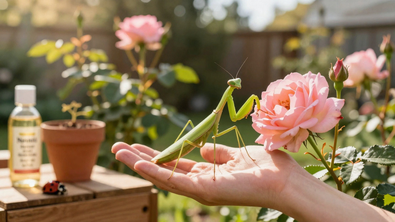 A green praying mantis on a hand near a blooming pink rose in a garden with sunlight.