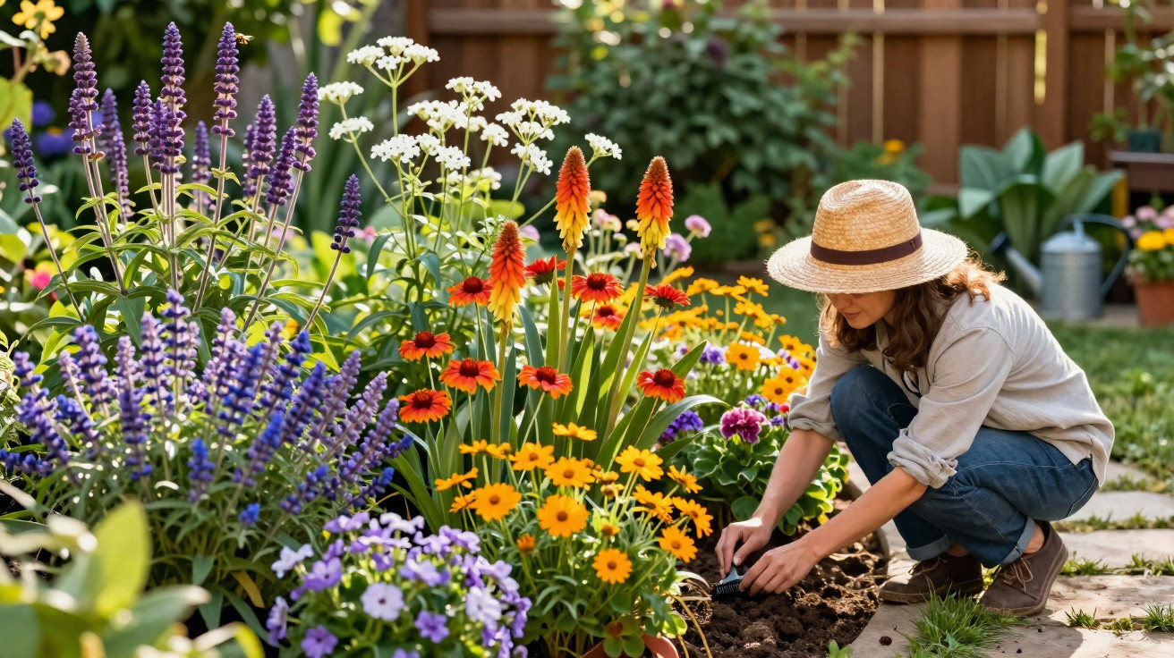 Woman wearing a straw hat gardening among vibrant blooming flowers in a sunny backyard.