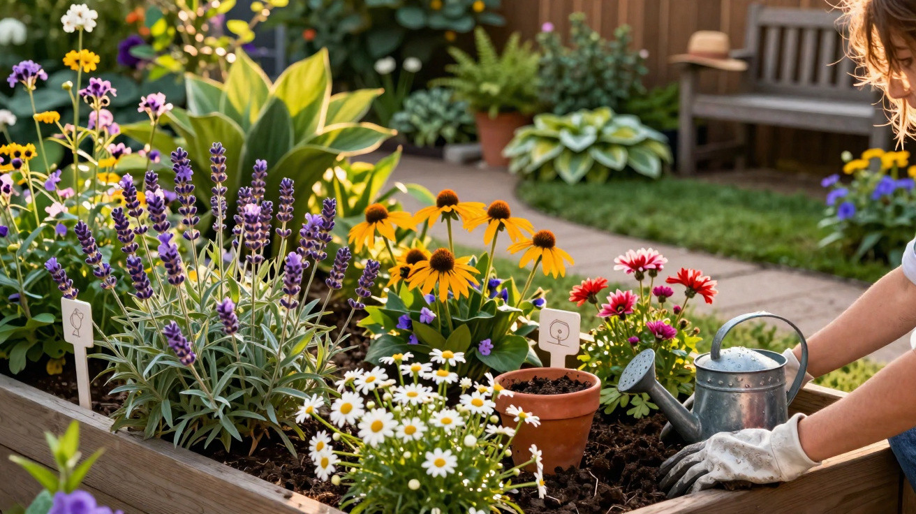 Child watering colourful flowers in a raised garden bed on a sunny day outdoors.