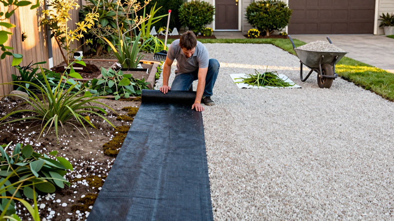 Man laying landscaping fabric on a garden path beside a house with plants and gravel driveway.