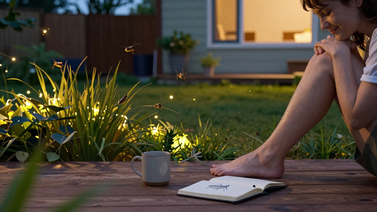 Person sitting on a wooden deck at dusk, watching fireflies with an open notebook and cup nearby.
