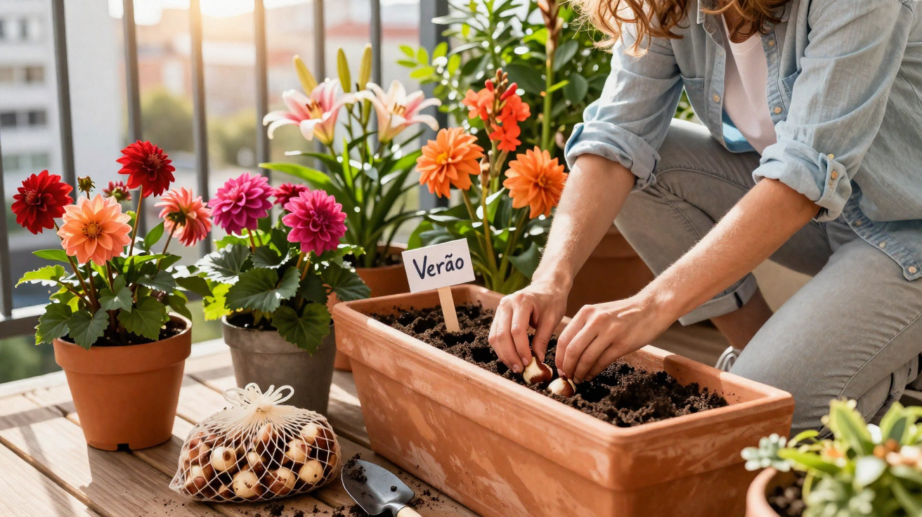 Person planting flower bulbs in a rectangular planter on a balcony with potted blooming flowers nearby.
