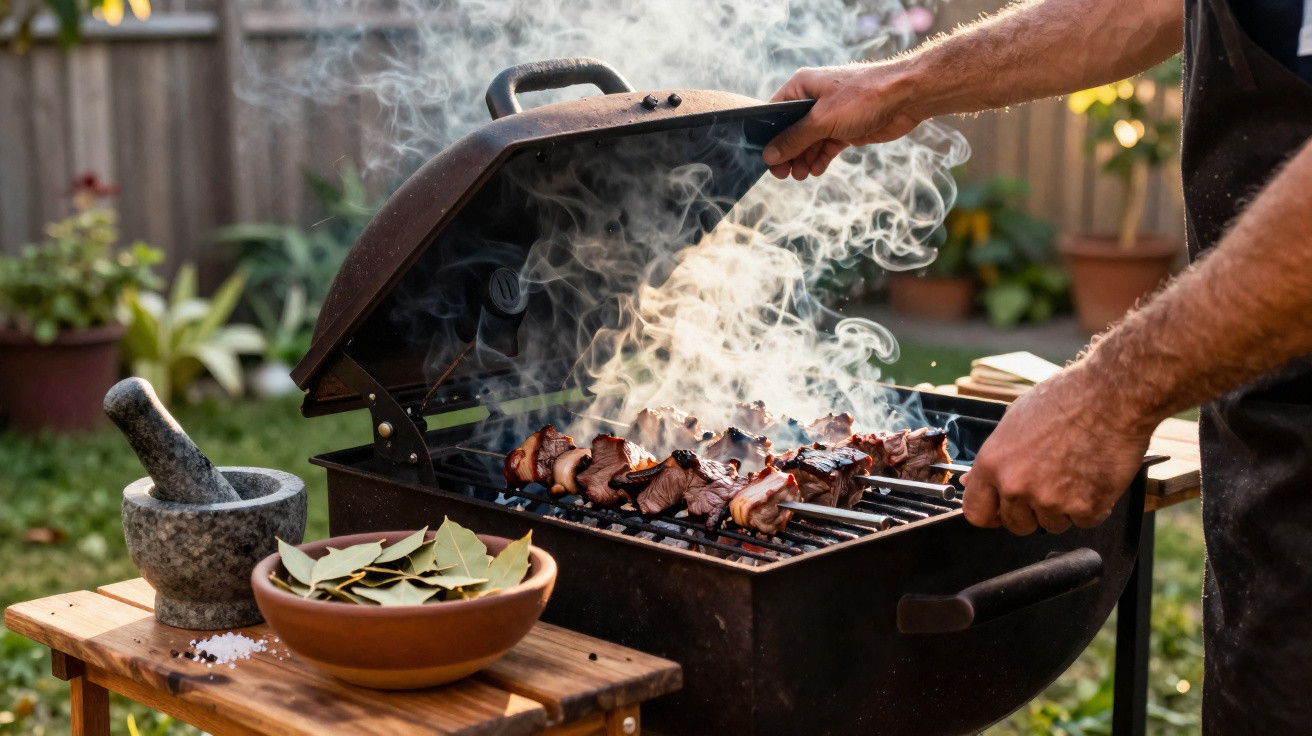 Person lifting barbecue lid to check smoky skewers of meat cooking outdoors in garden setting.