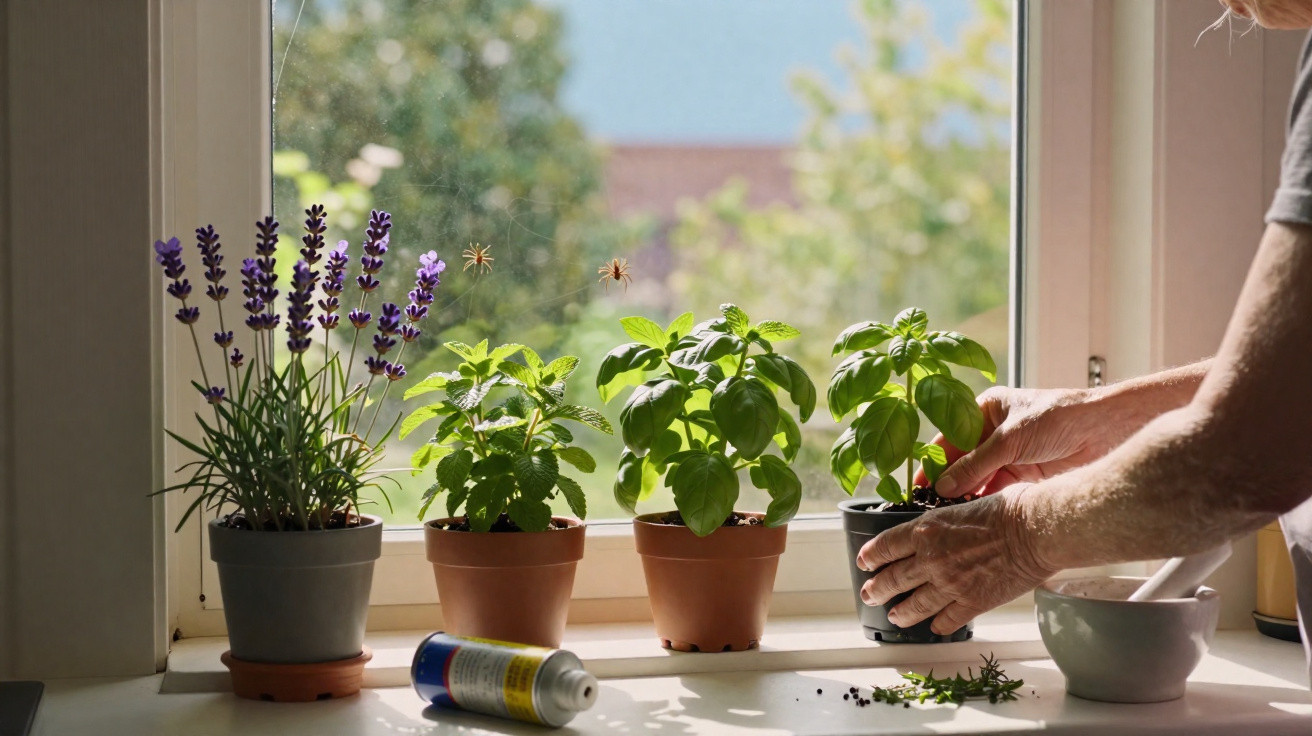 Person tending to potted herbs on a sunny windowsill with basil, lavender, and mint plants.