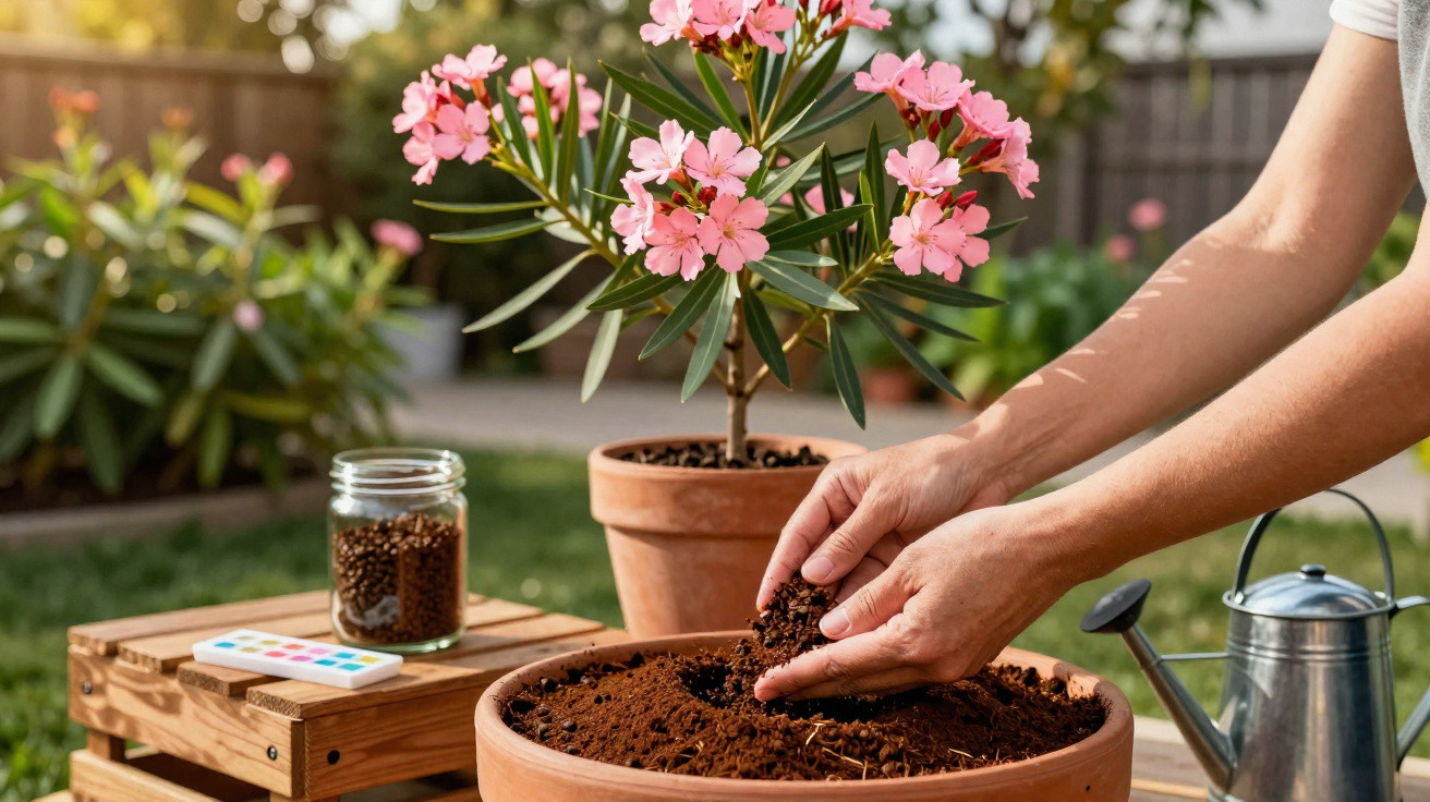 Hands planting soil in a terracotta pot with pink flowering plant and gardening tools nearby outdoors.