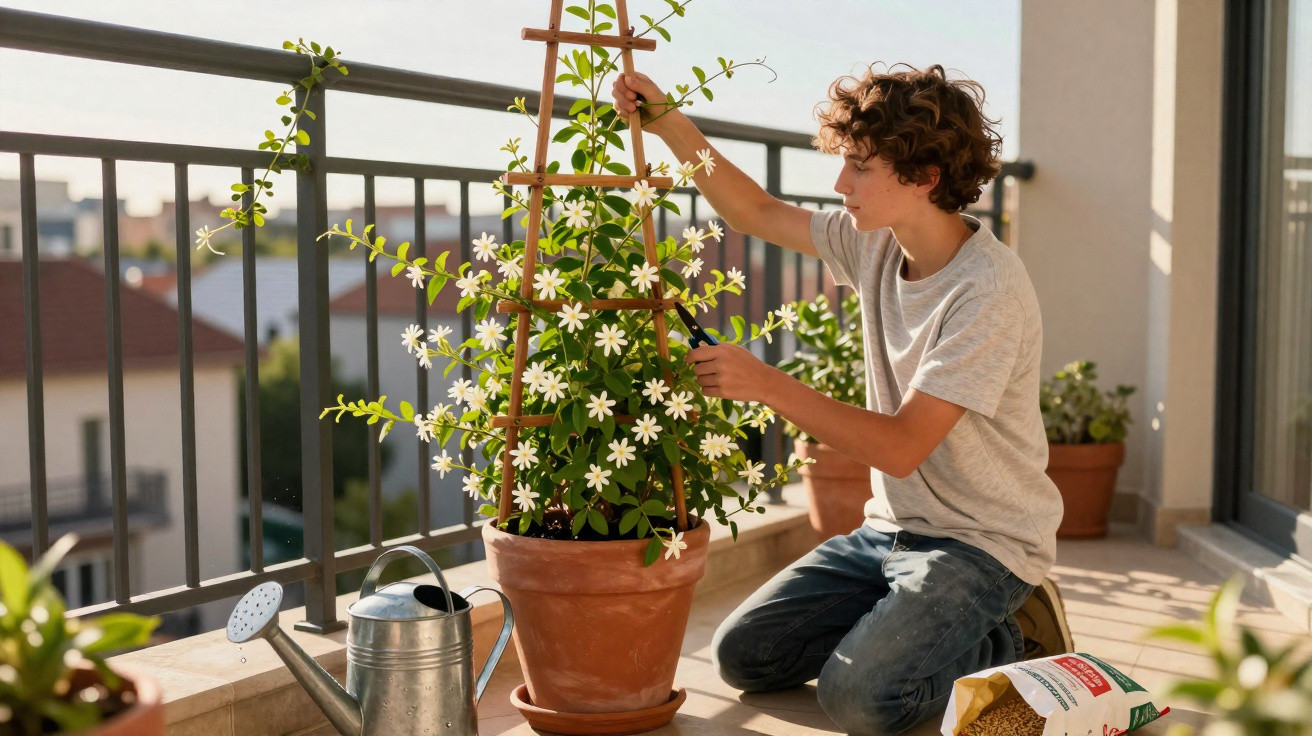 Young person pruning flowering plant on balcony with watering can and plant food nearby