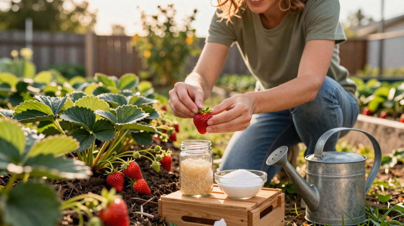 Person harvesting ripe strawberries in a garden with a watering can and jars on a wooden tray nearby.