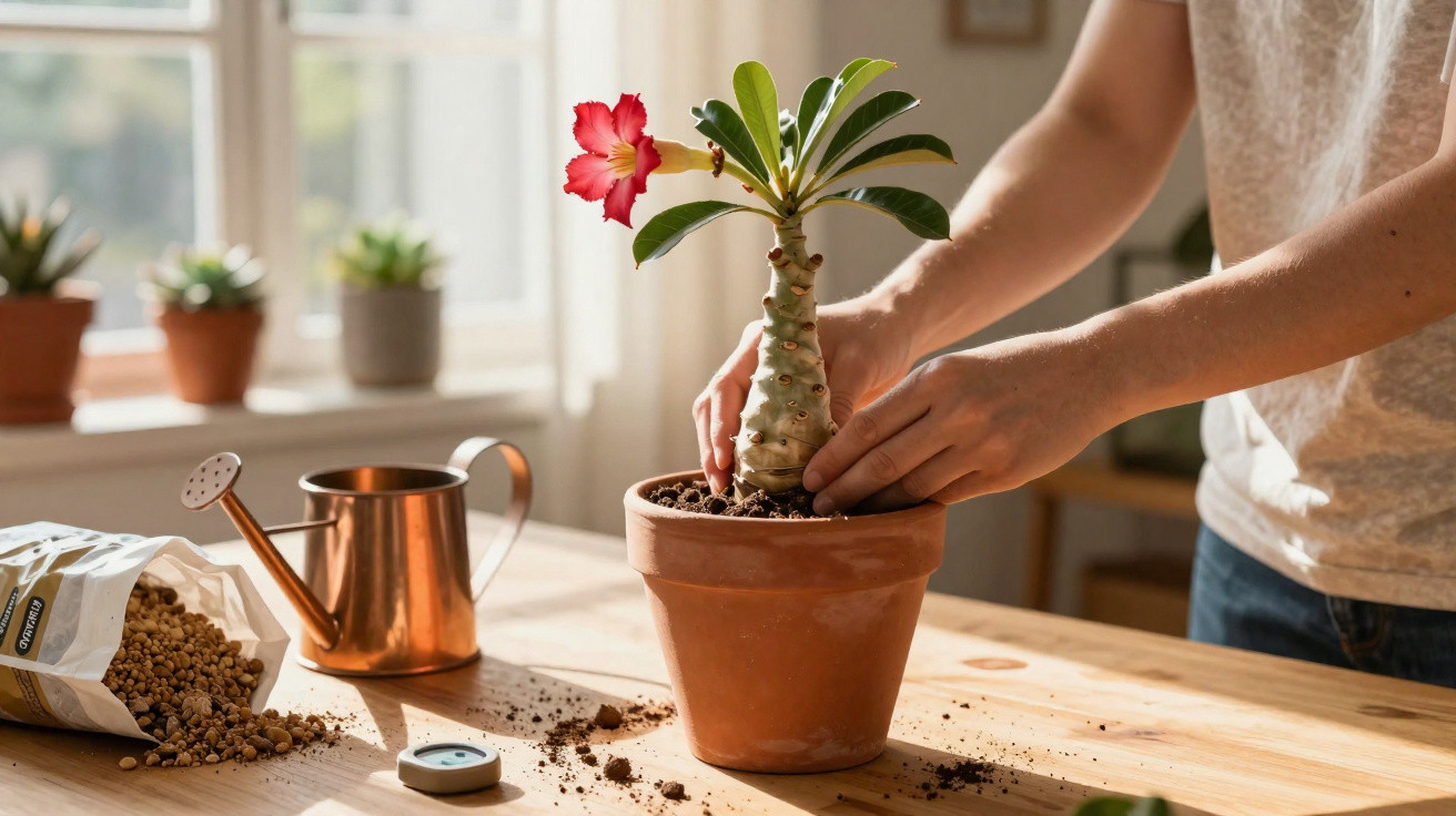 Person repotting a desert rose plant in a terracotta pot on a sunlit wooden table with gardening tools nearby