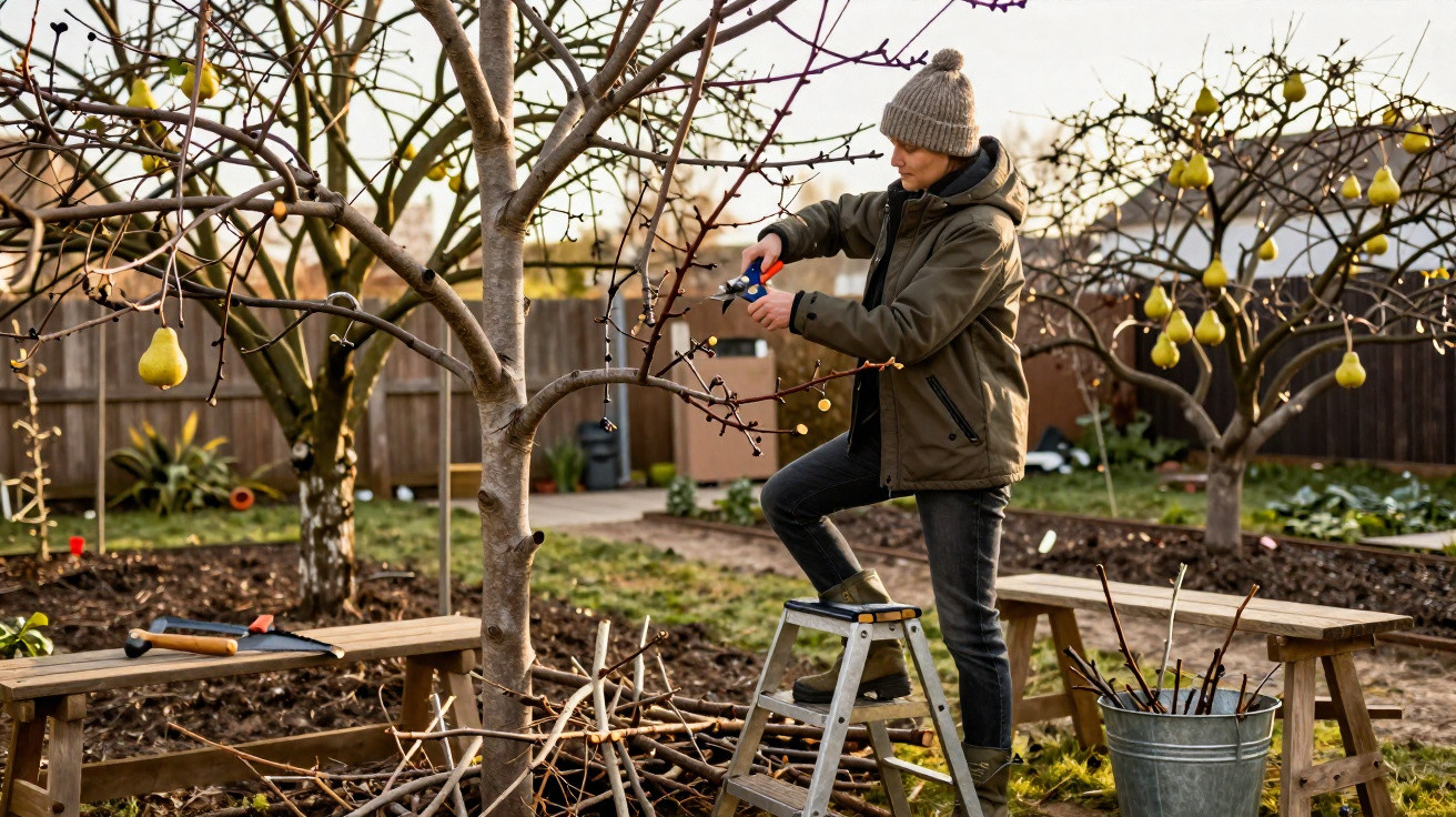 Person pruning bare fruit tree branches in a garden during late autumn, wearing winter jacket and hat.