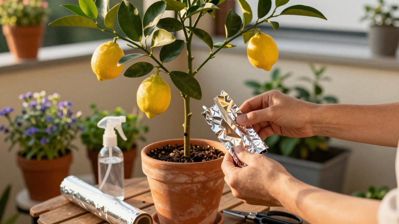 Person wrapping lemon tree branches with aluminium foil on a balcony garden table.