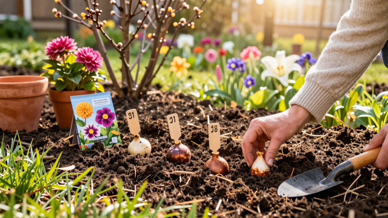 Person planting flower bulbs in soil with labelled markers and blooming flowers in the background