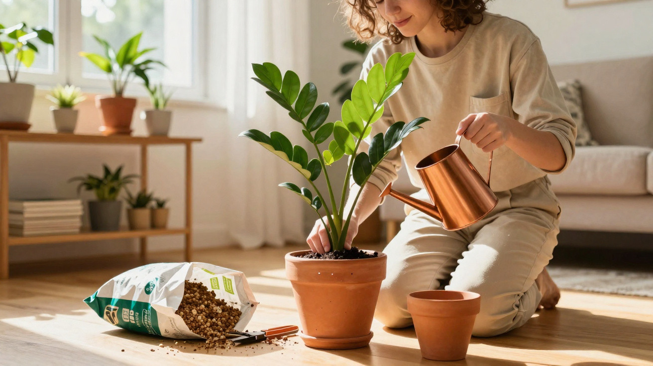 Person sitting on floor watering a potted plant with gardening soil and tools nearby in a sunlit room.