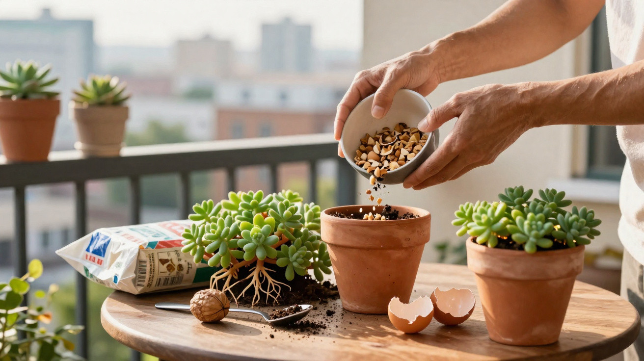 Hands adding crushed eggshells to soil in a terracotta pot with succulents on a wooden table outdoors.