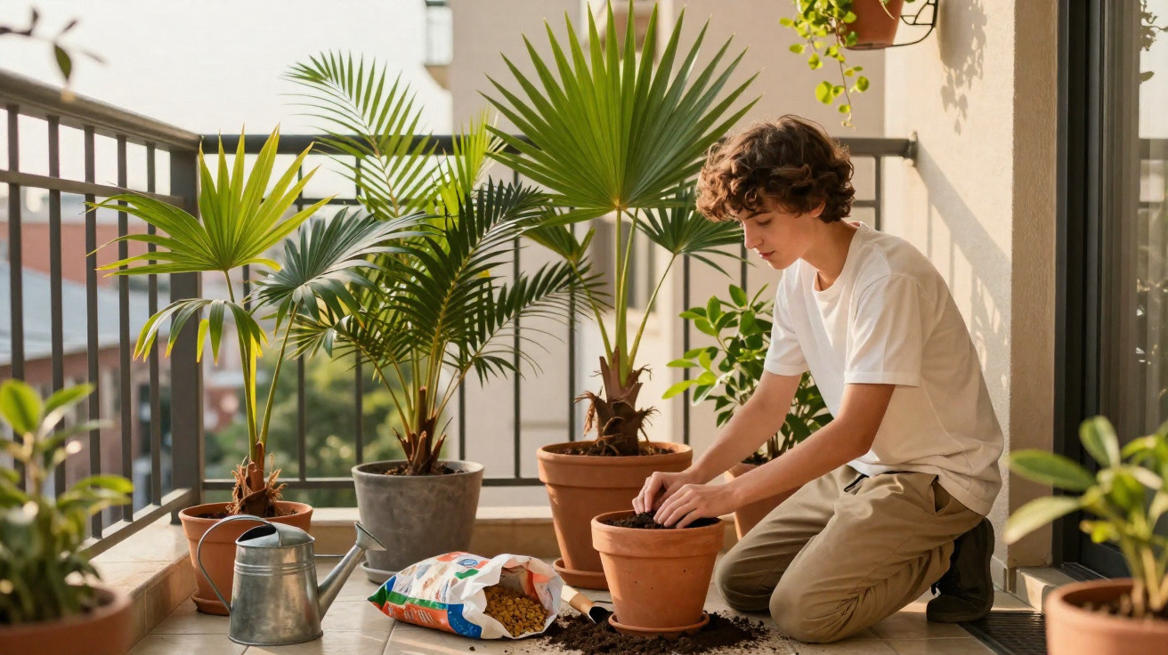 Young person planting in terracotta pot on sunlit balcony with various palm plants around.