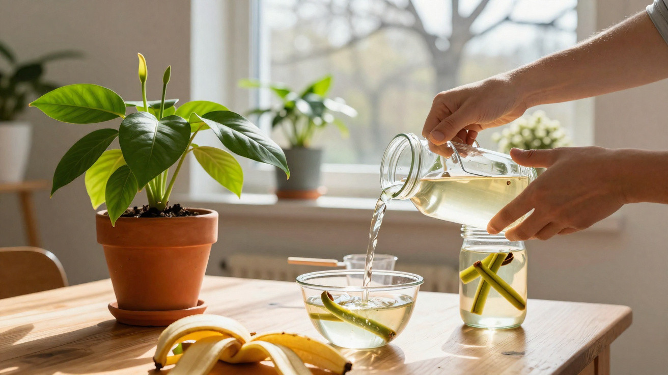 Person pouring water from a glass jug into a bowl and jar with cinnamon sticks on a wooden table next to a potted plant.