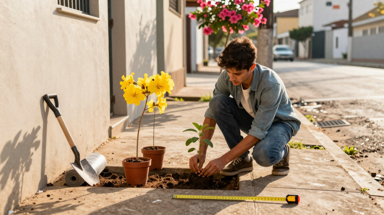 Young man planting a small tree in a city sidewalk garden next to yellow flowering plants and gardening tools.