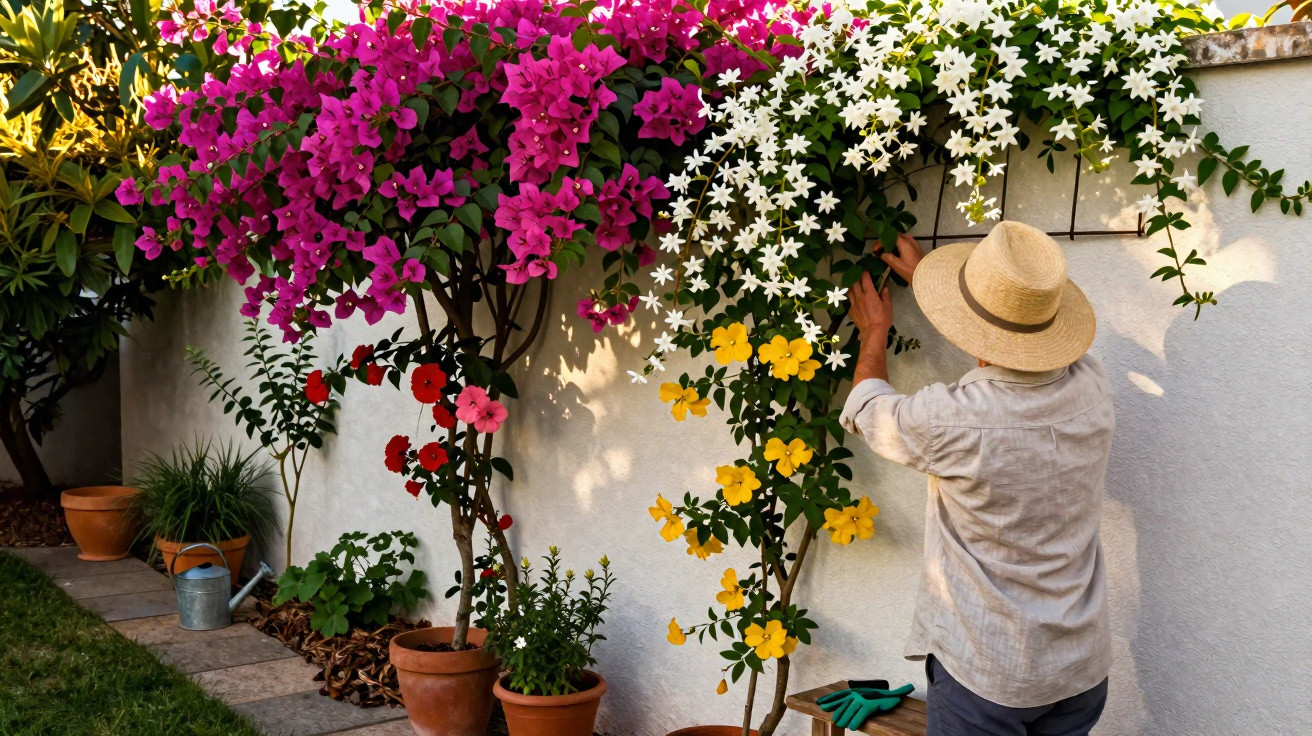 Person wearing a straw hat tending vibrant pink, white, and yellow flowering plants against a white garden wall.