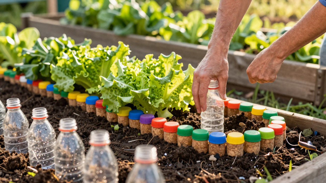 Hands arranging recycled plastic bottles and caps as a garden border around growing lettuce in a raised bed.