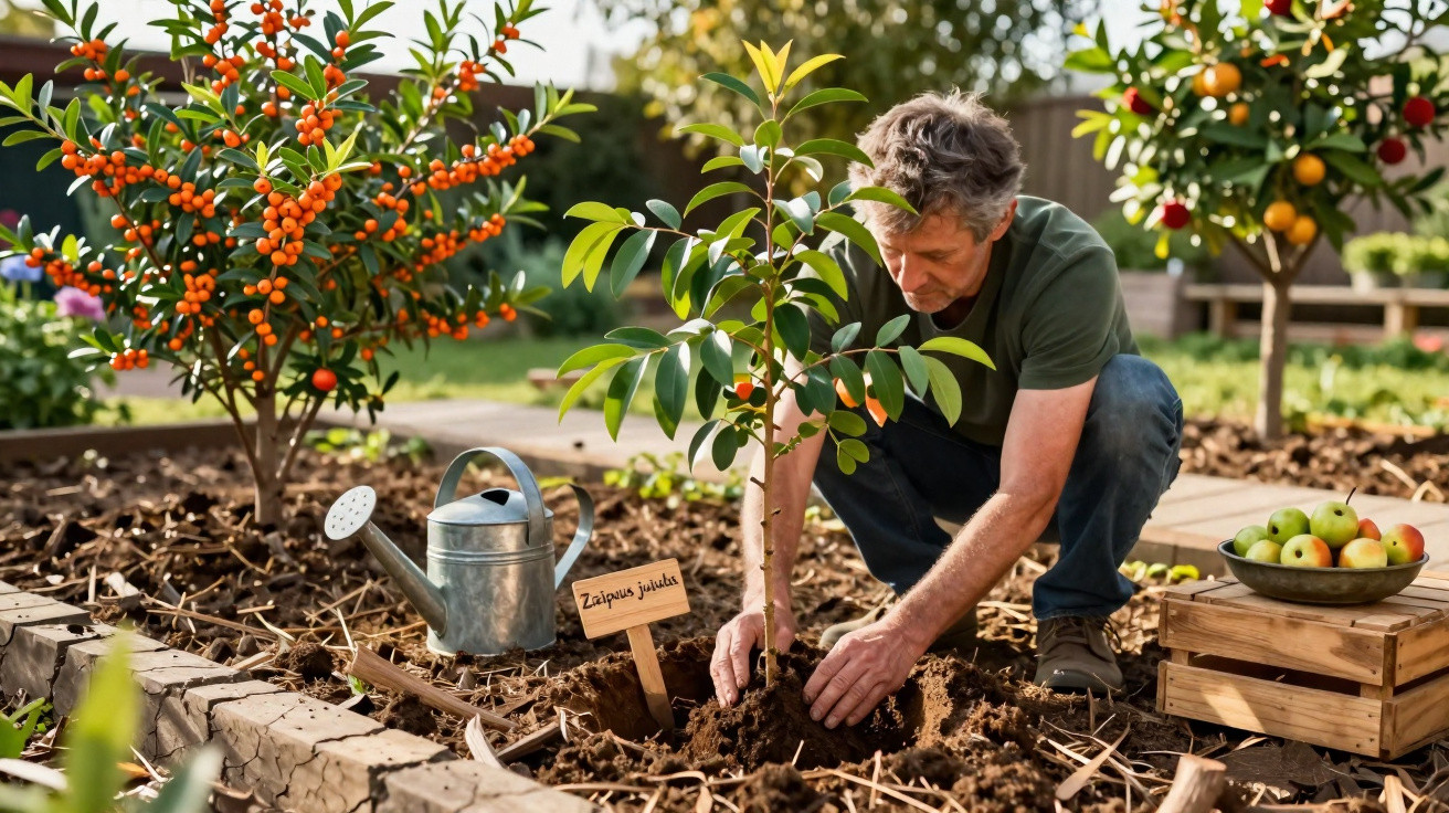 Man planting a young sapodilla tree in a garden bed with a watering can and apples nearby.