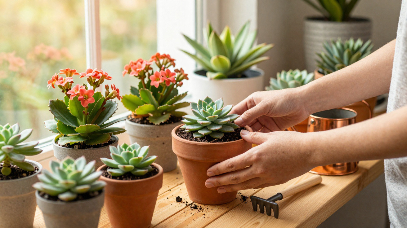 Person arranging a small succulent plant in a terracotta pot on a wooden table by a sunlit window.