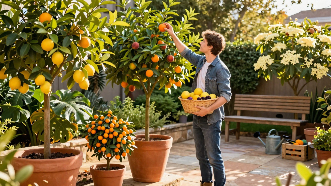 Man picking oranges from a fruit tree in a sunlit garden with potted plants and a wooden bench nearby