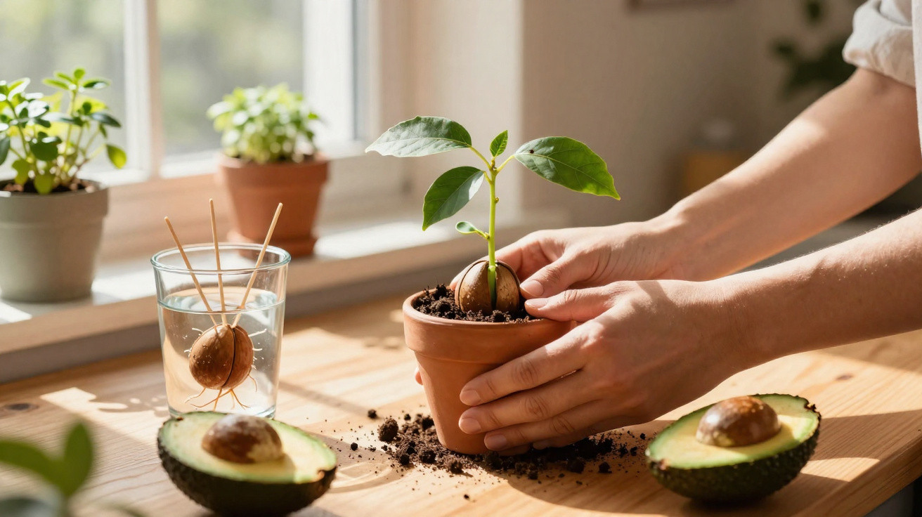 Hands planting an avocado seedling in a terracotta pot on a wooden table near a sunny window.