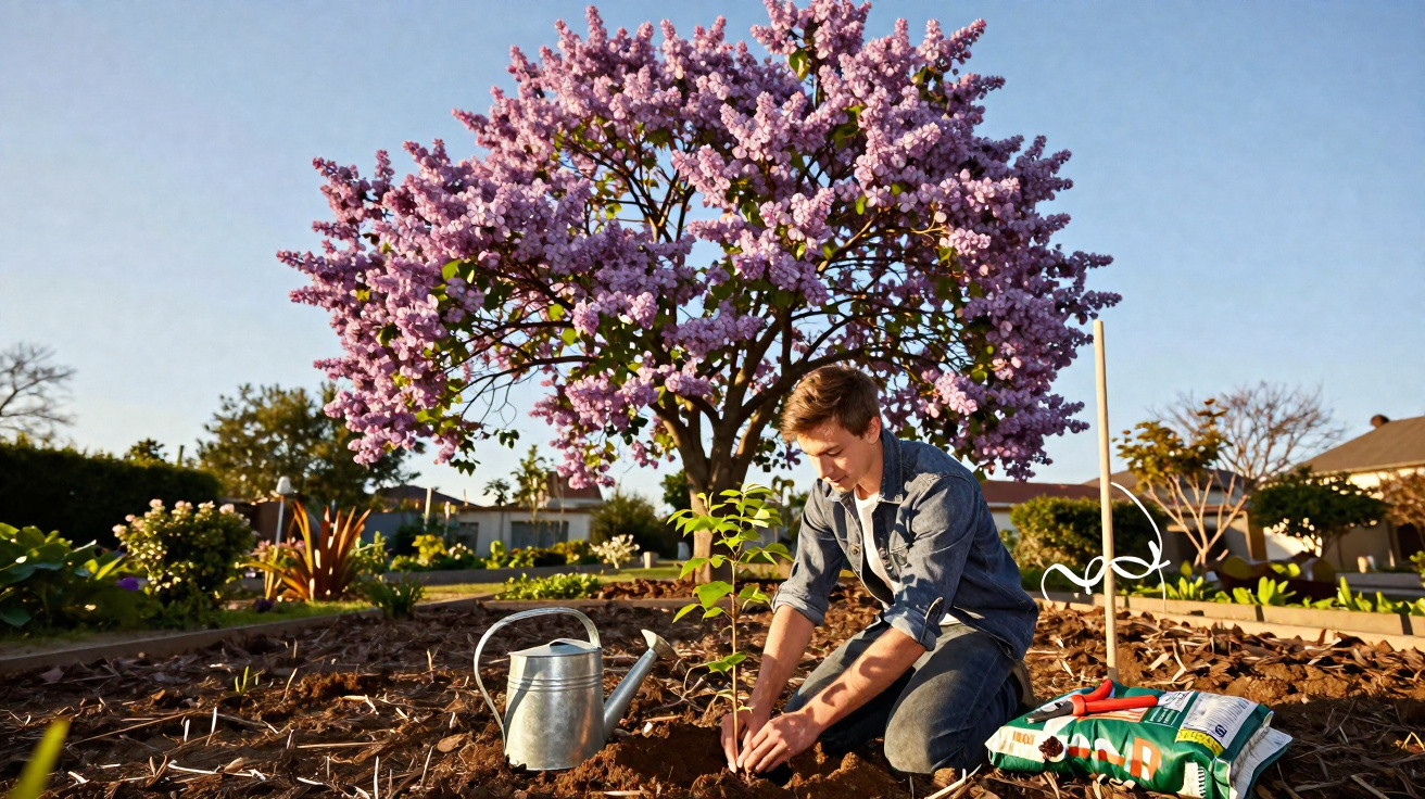 Young man planting a sapling in a garden with a purple-flowered tree and gardening tools nearby on a sunny day.