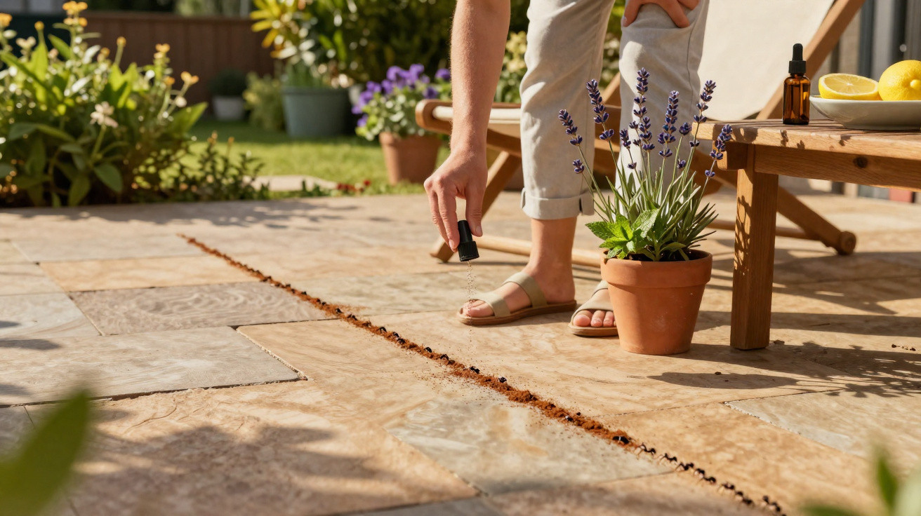 Person applying essential oil to cracks between patio tiles beside a pot of lavender and outdoor chair.