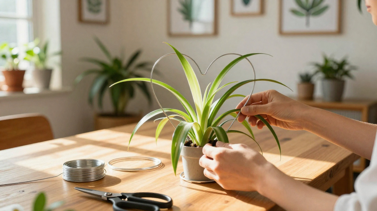 Person shaping wire into a heart around a potted spider plant on a wooden table with scissors nearby.
