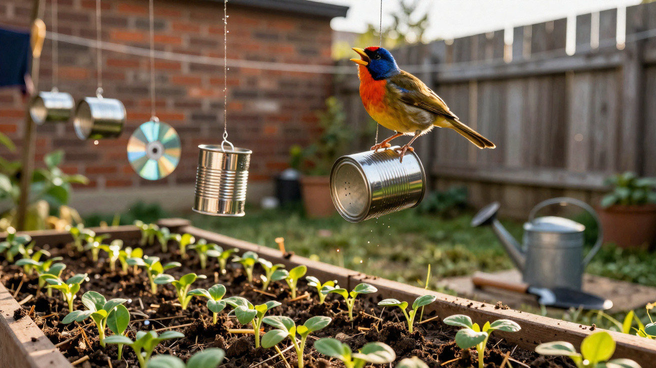 A colourful bird perched on a hanging tin can over a garden bed with young green plants and a watering can nearby.