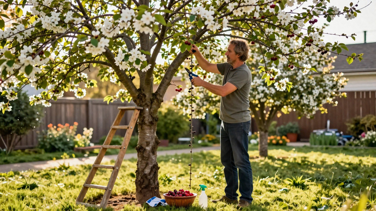 Man harvesting ripe cherries from a tree in a sunny garden with a ladder and basket nearby.