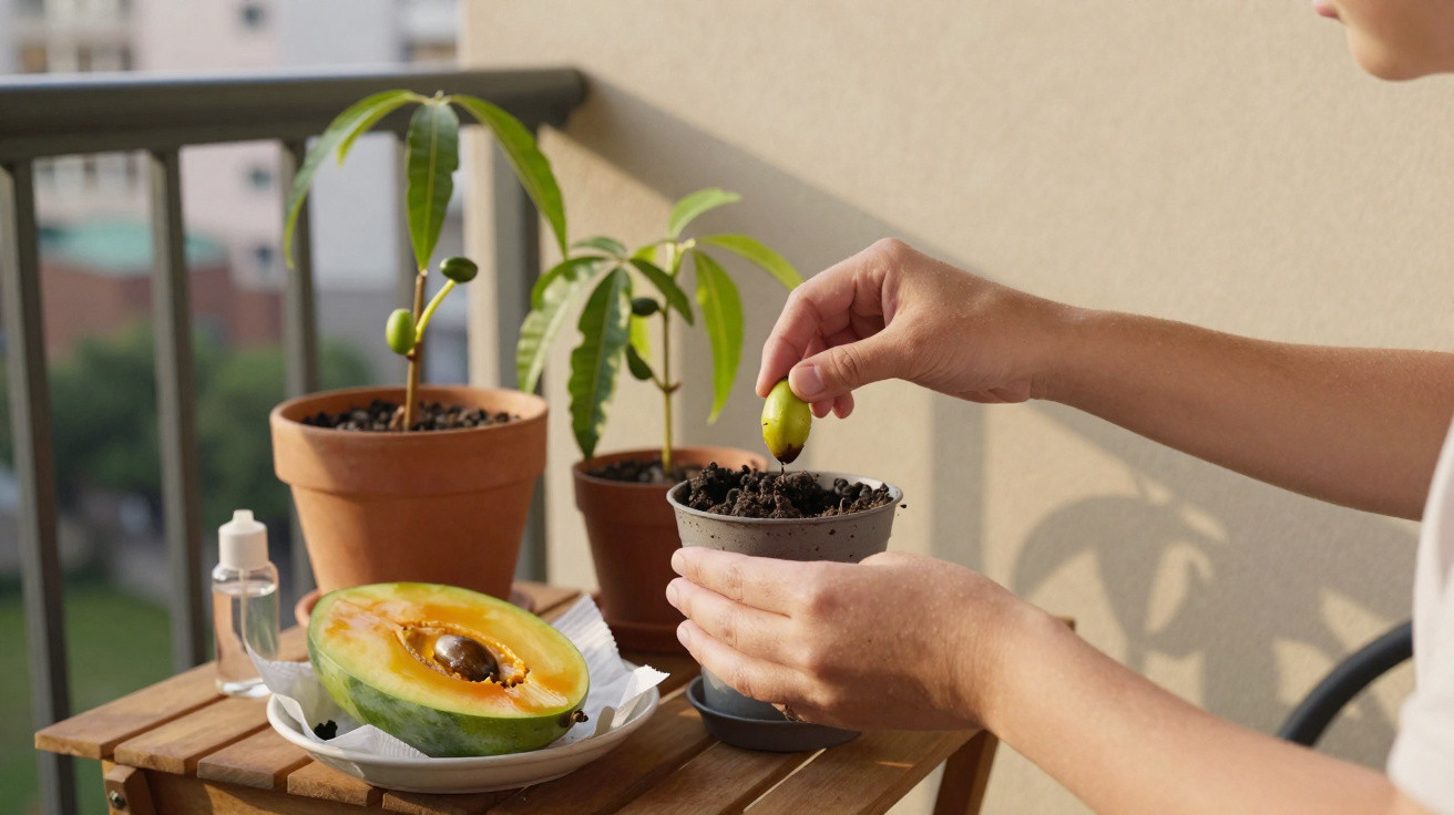 Person planting an avocado seed in a pot on a balcony with young avocado plants and a halved avocado nearby.
