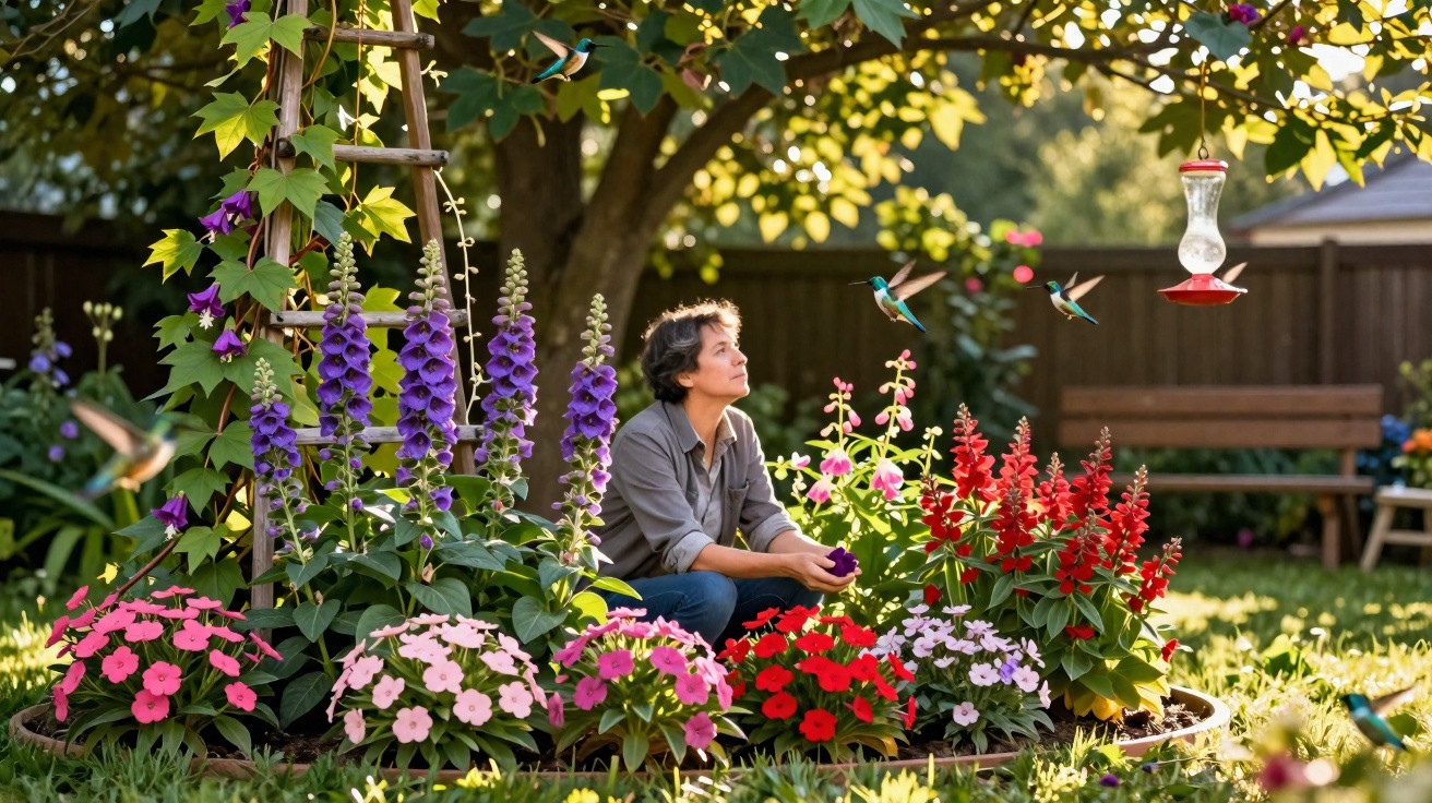 Person sitting in a garden bed surrounded by colourful flowers and hummingbirds near a feeder.
