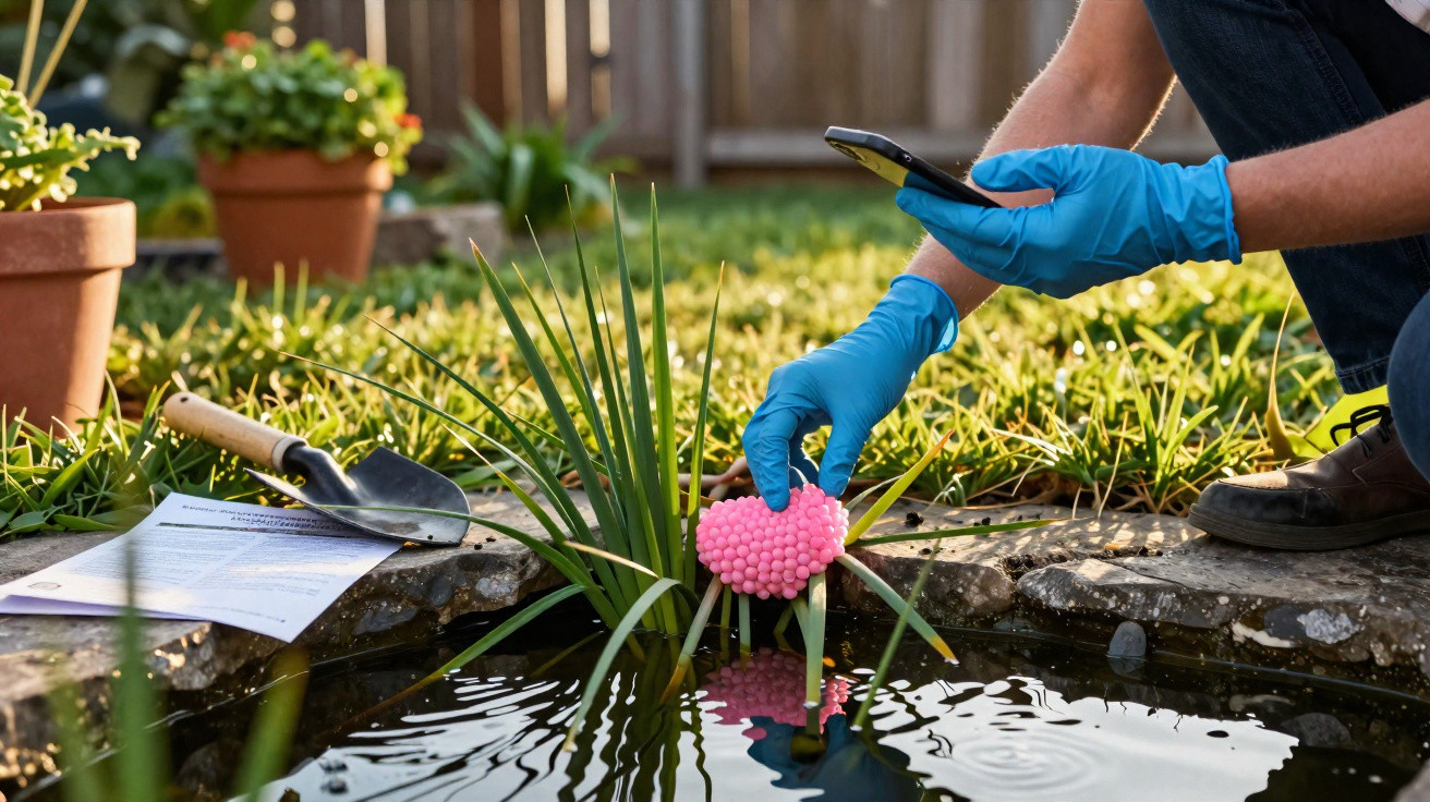 Person wearing blue gloves testing pond water with a pink testing kit near a garden pond on a sunny day.