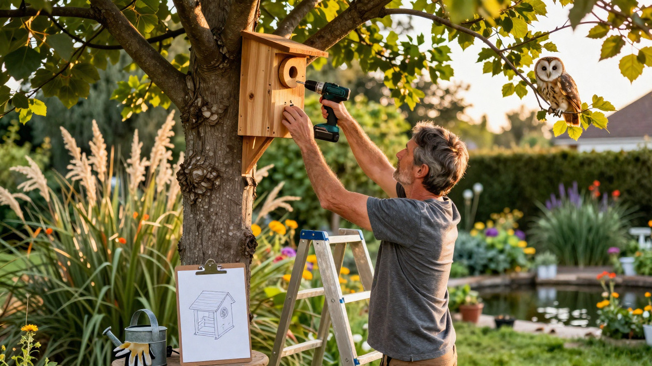 Man attaching a wooden birdhouse to a tree with a drill in a garden, with an owl perched on a branch nearby.