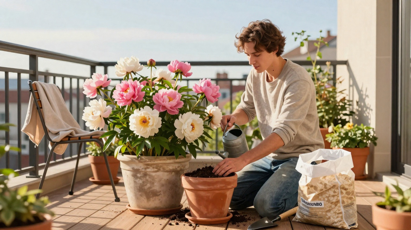 Person kneeling on a balcony, watering plants and tending to soil in flower pots on a sunny day.