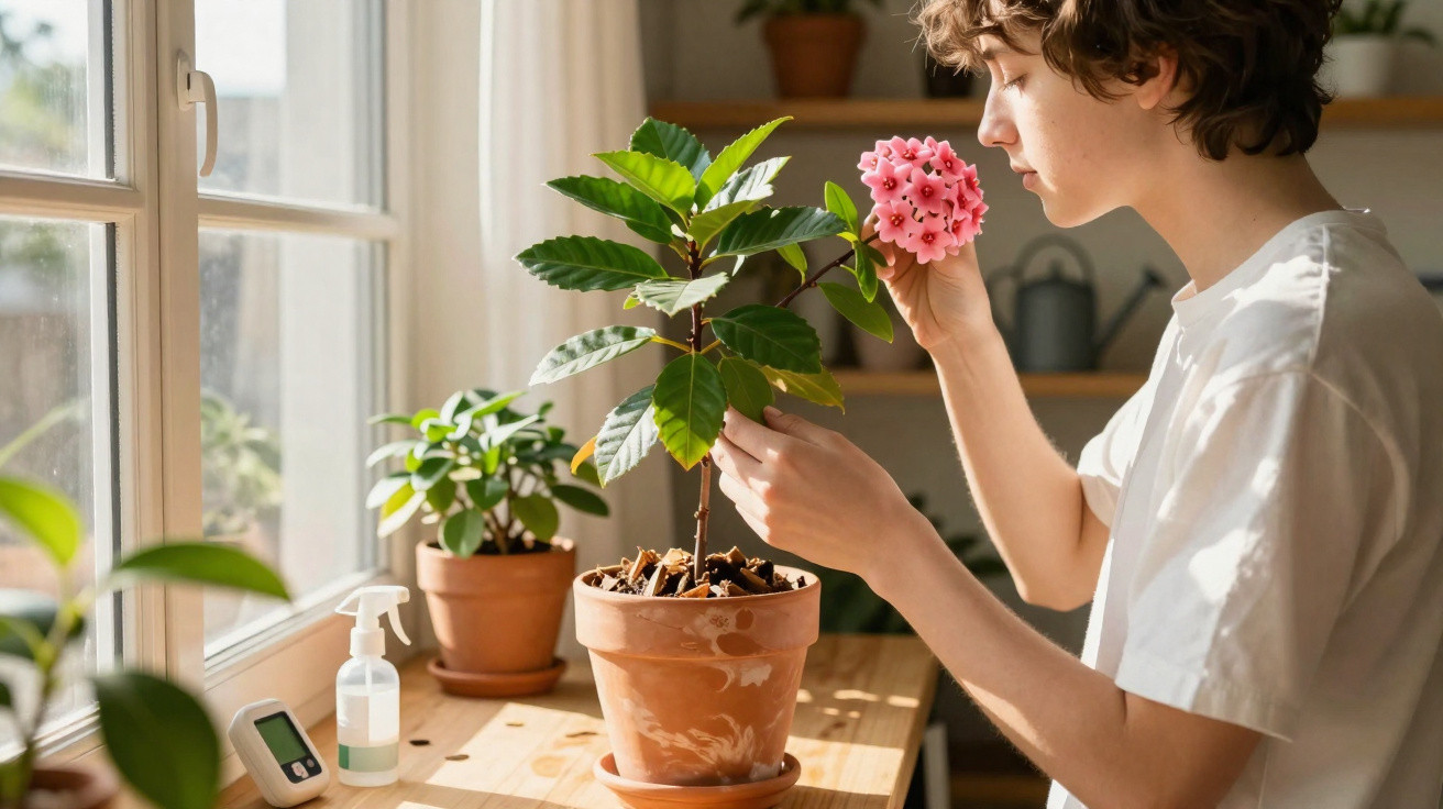 Young person examining pink flower on a potted plant by a sunny window indoors.