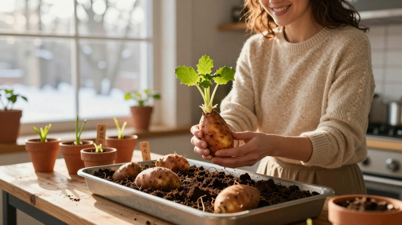 Woman holding a sprouted potato over a tray of soil with potatoes and potted seedlings on a wooden table.
