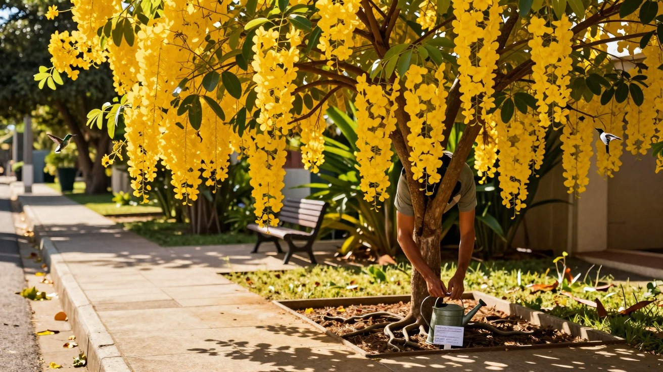 Person watering a laburnum tree with cascades of bright yellow flowers on a sunny day.