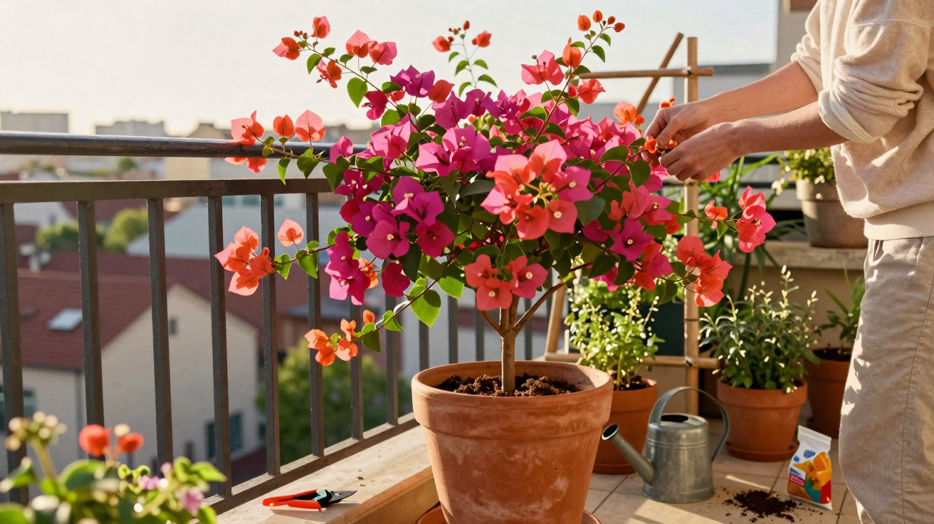 Person tending to a vibrant pink and orange bougainvillea plant on a balcony with gardening tools nearby.