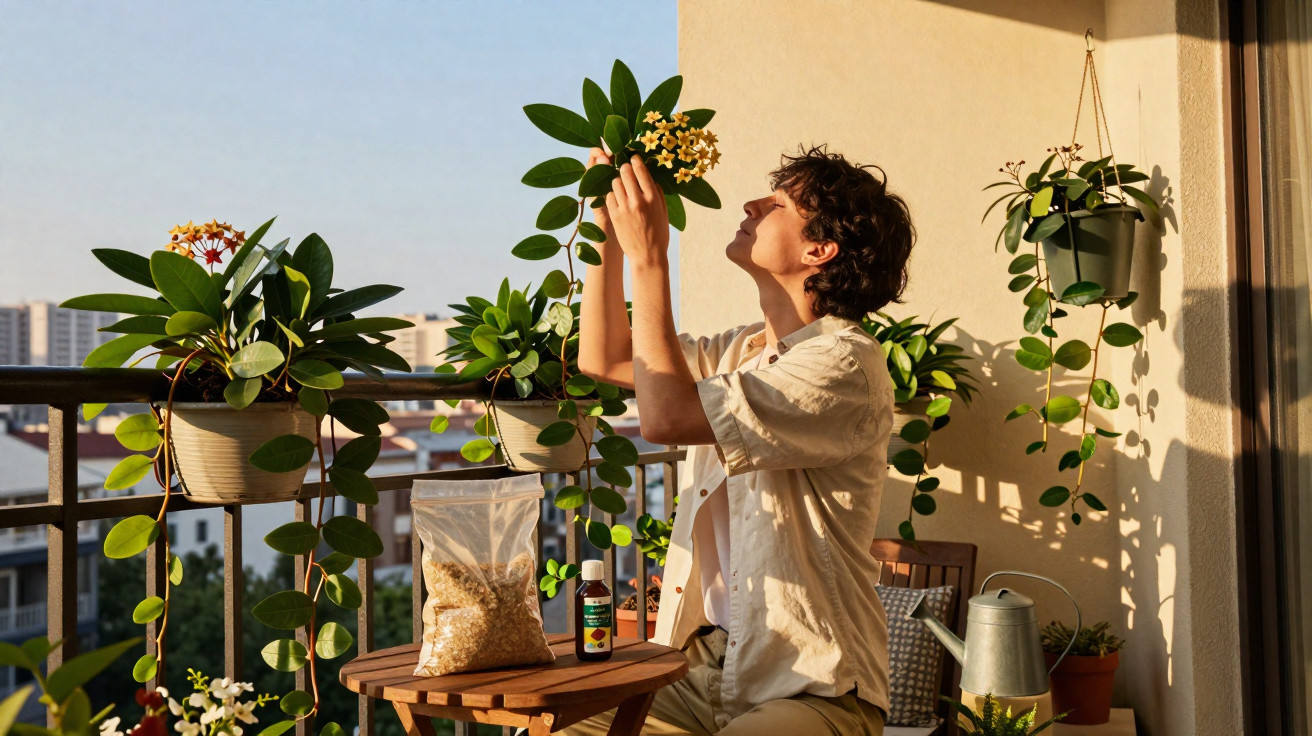 Person tending to flowering houseplants on a sunlit balcony with gardening supplies on a wooden table.