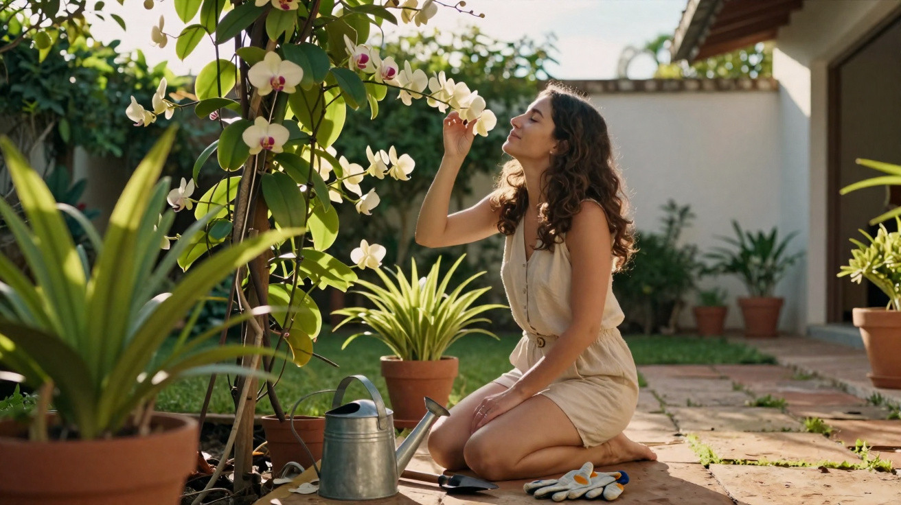 Woman kneeling in garden, smelling white orchids with watering can and gardening gloves nearby on paved patio.