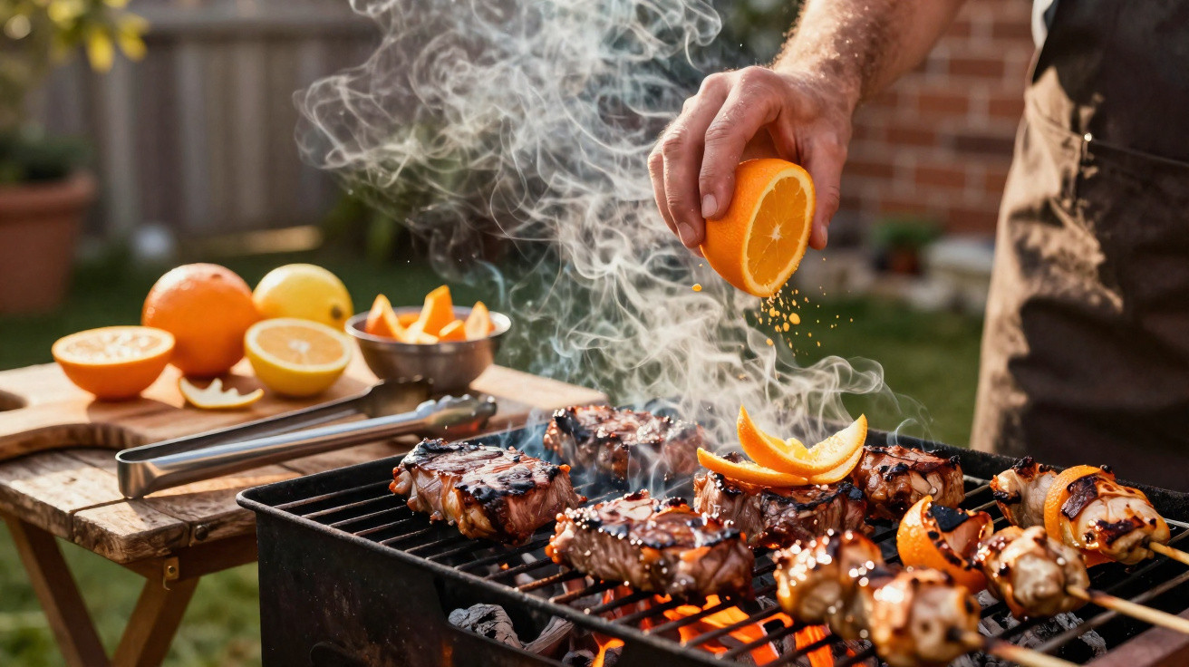 Hand squeezing orange juice onto grilled meat and kebabs on a barbecue in a sunny garden.