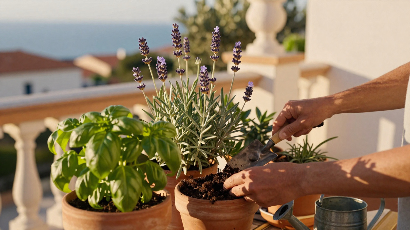 Hands using a small trowel to plant in a terracotta pot on a balcony with herbs and sea view.