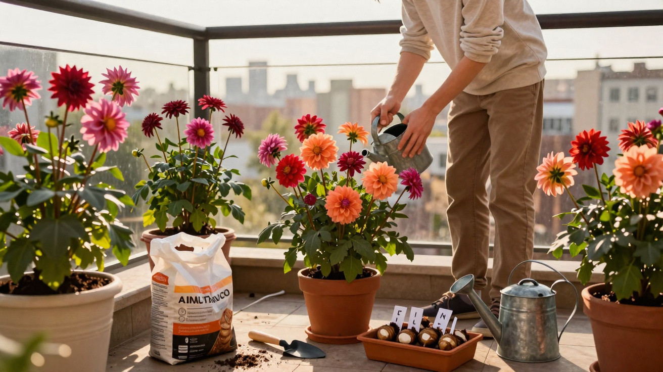 Person watering brightly coloured potted flowers on a balcony with gardening tools and plant food nearby.