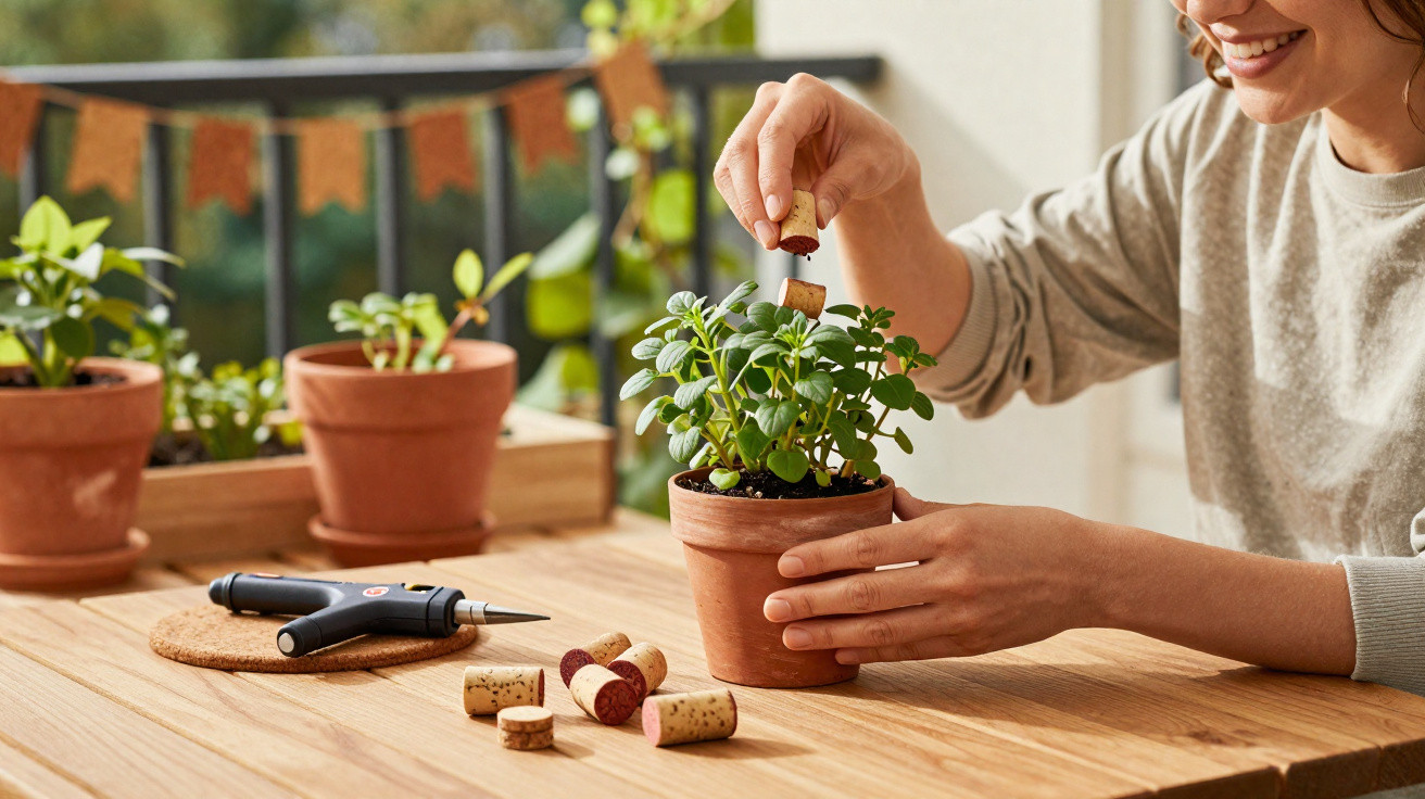 Person using wine corks to support a potted plant on a wooden table with gardening tools nearby