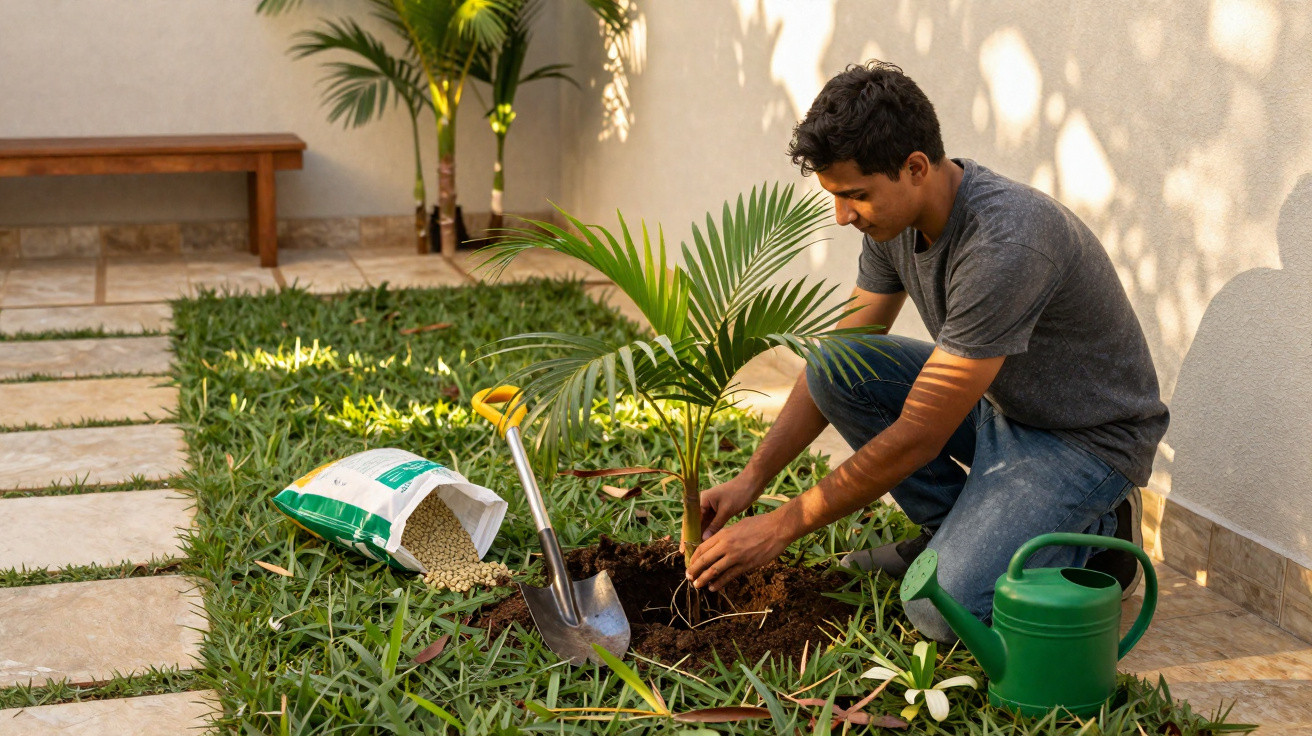 Man planting a small palm tree in a garden with a shovel, fertiliser, and watering can nearby.