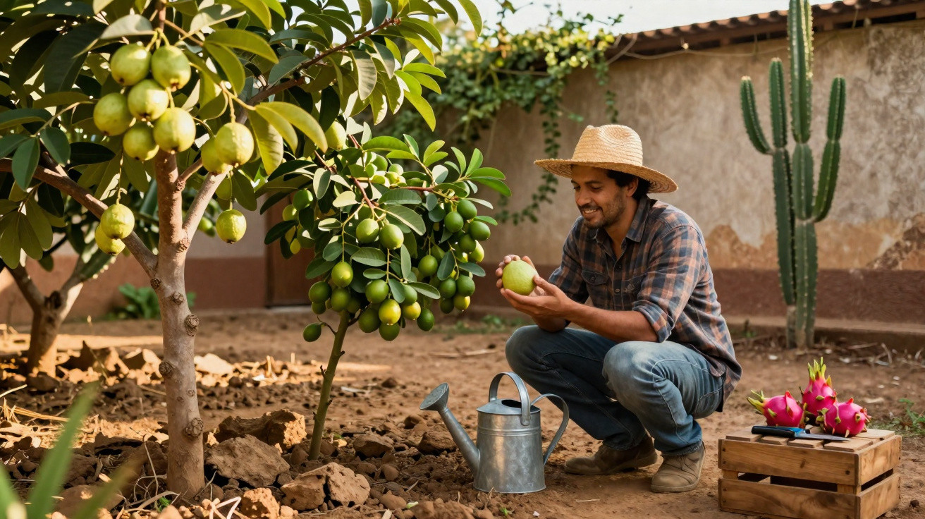 Man in straw hat examining fruit in garden with watering can and wooden crate of dragon fruits nearby