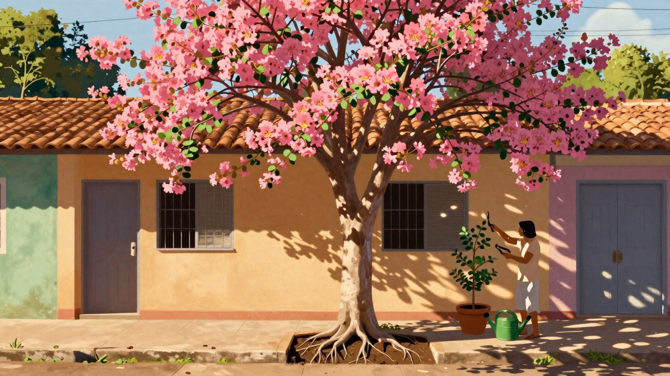 Sunlit street with a large pink-flowered tree and a person tending to a potted plant beside a colourful house.