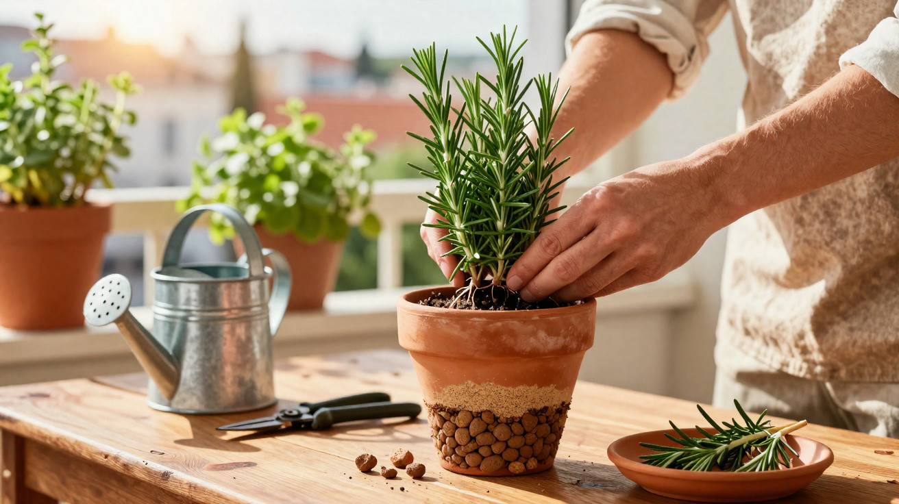 Hands tending a rosemary plant in a terracotta pot on a wooden table with gardening tools and watering can.
